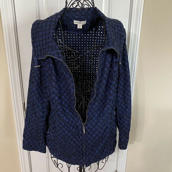 Coldwater Creek Navy Blue Eyelet Jacket Size 16 Zip Front Bomber Style Jacket - Picture 3 of 11